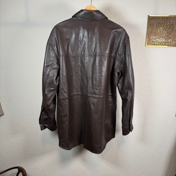 Quince Brown Leather Button Up Shirt Jacket Women's Large Oversized - Picture 9 of 9